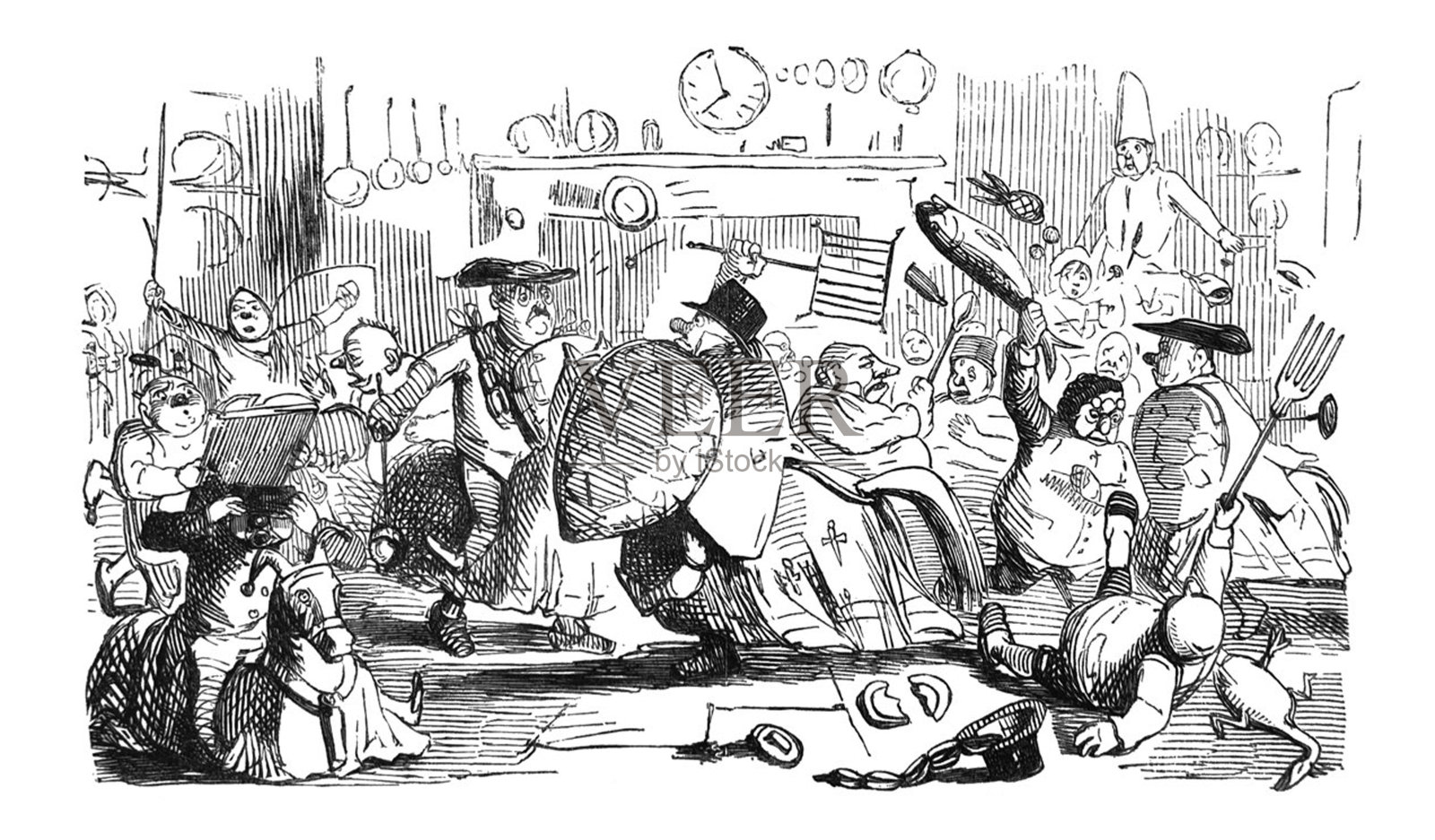 英国讽刺漫画漫画插图-一大群人在一个大厨房里打架插画图片素材