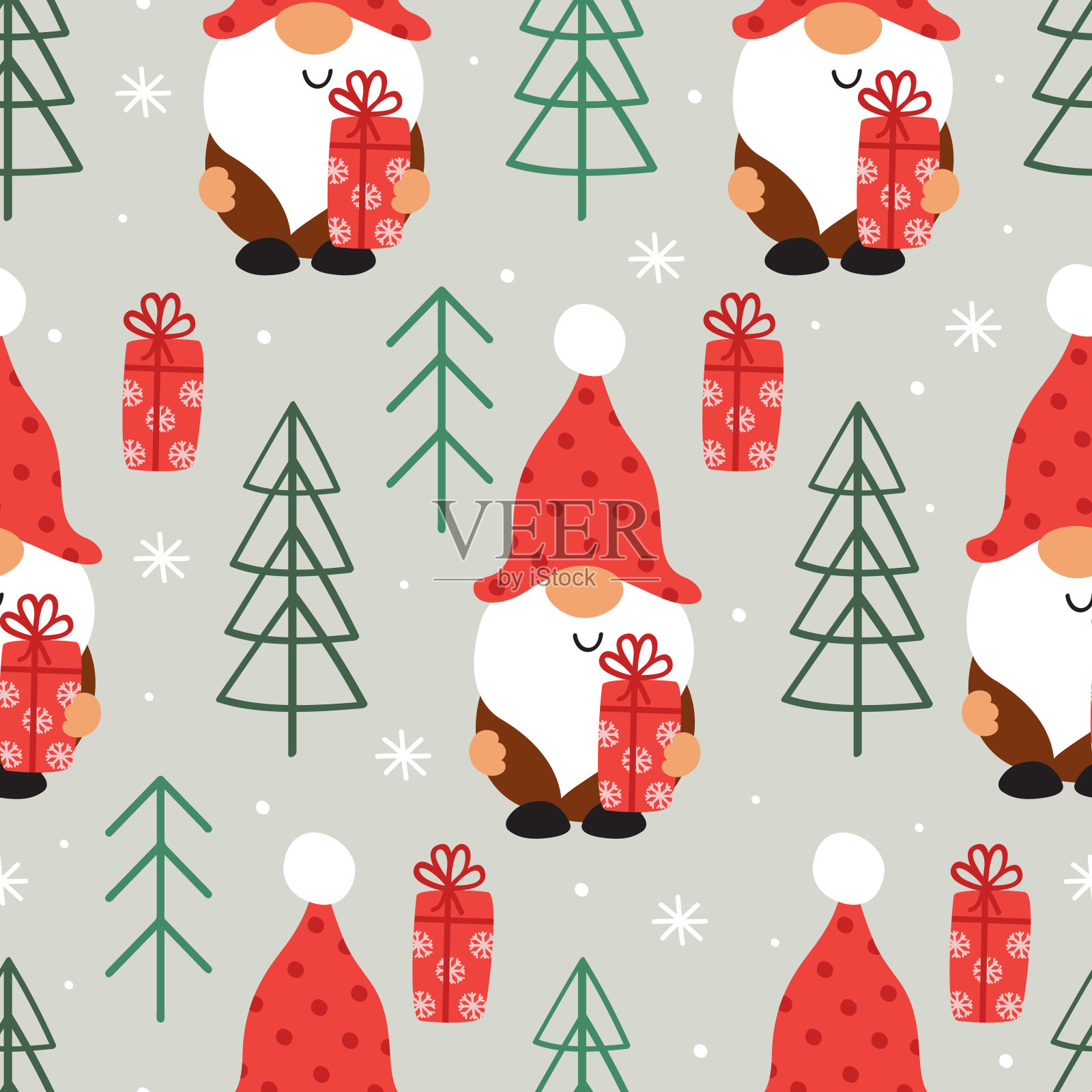 圣诞小精灵、圣诞树、礼品无缝图案插画图片素材
