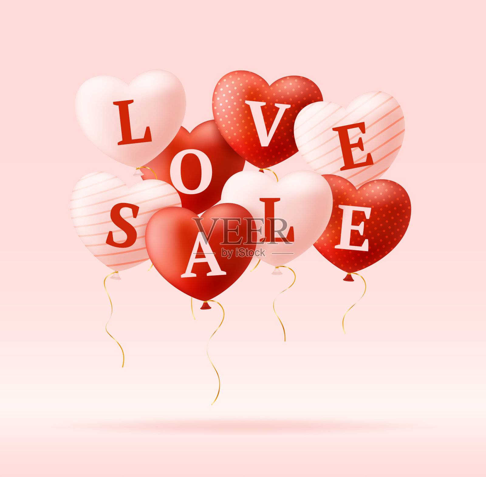 爱字和销售对现实的心。情人节卡片，粉红色和红色的心和字母的爱。矢量插图销售或折扣概念设计元素图片