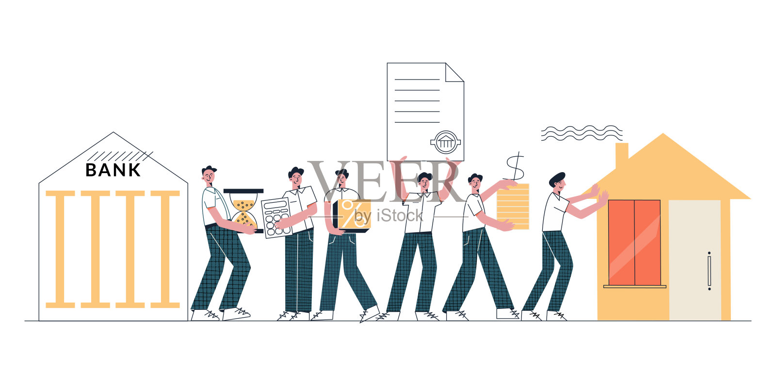 按揭概念步骤获得银行贷款购买房子平面矢量卡通插图与性格设计元素图片