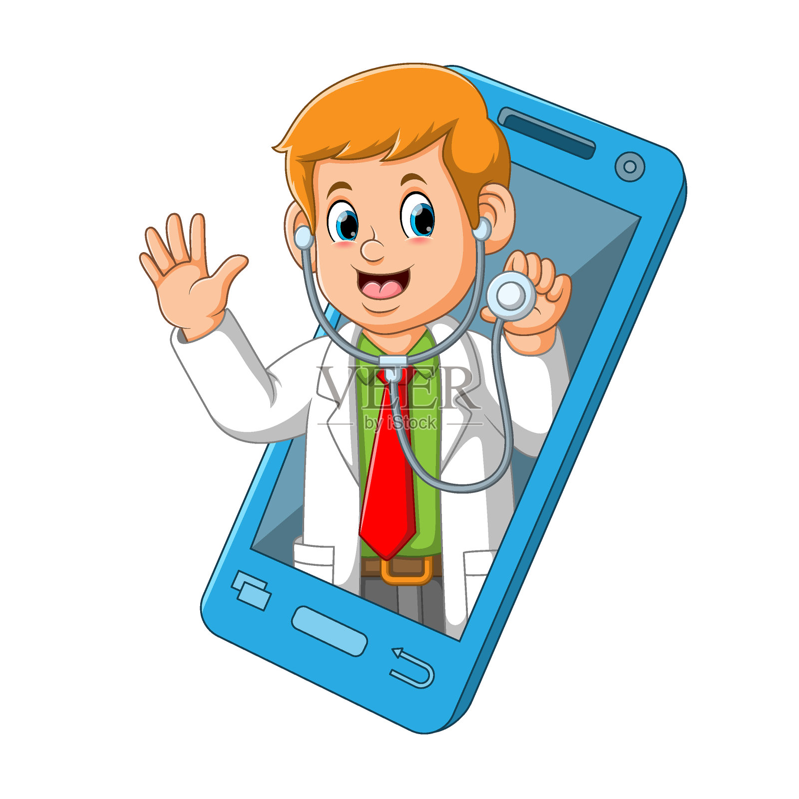 医生拿着听诊器从手机里走出来插画图片素材