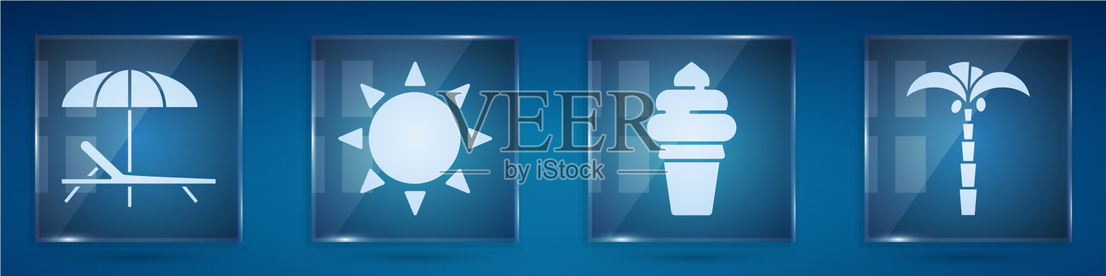 放置太阳床和伞太阳冰淇淋在华夫饼图标素材