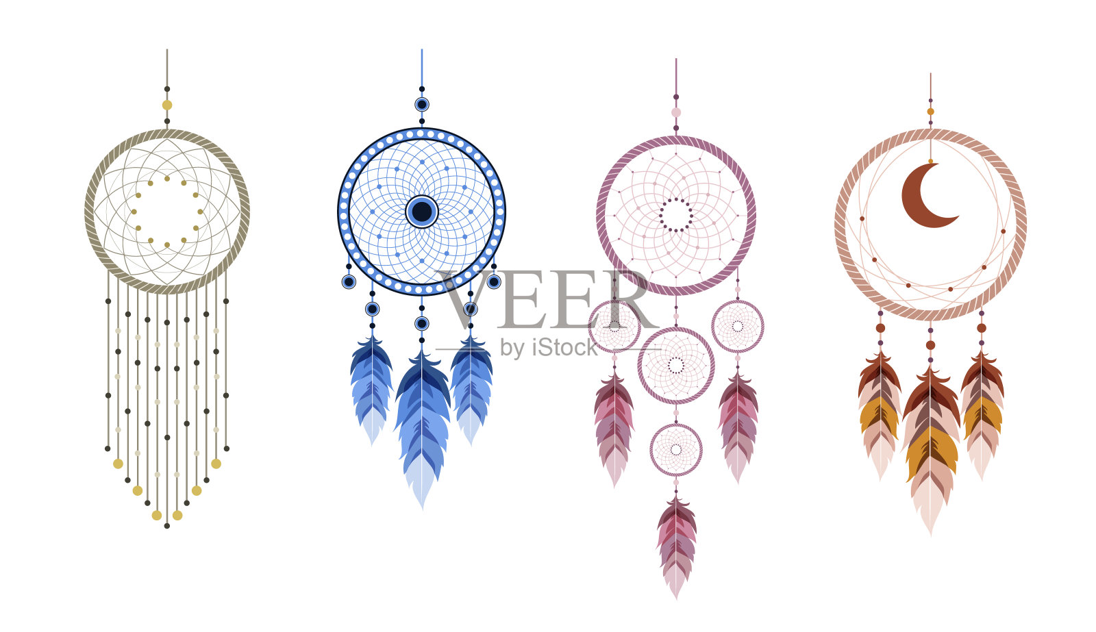 有曼荼罗和羽毛的捕梦网。一套印度吉祥物。插画图片素材