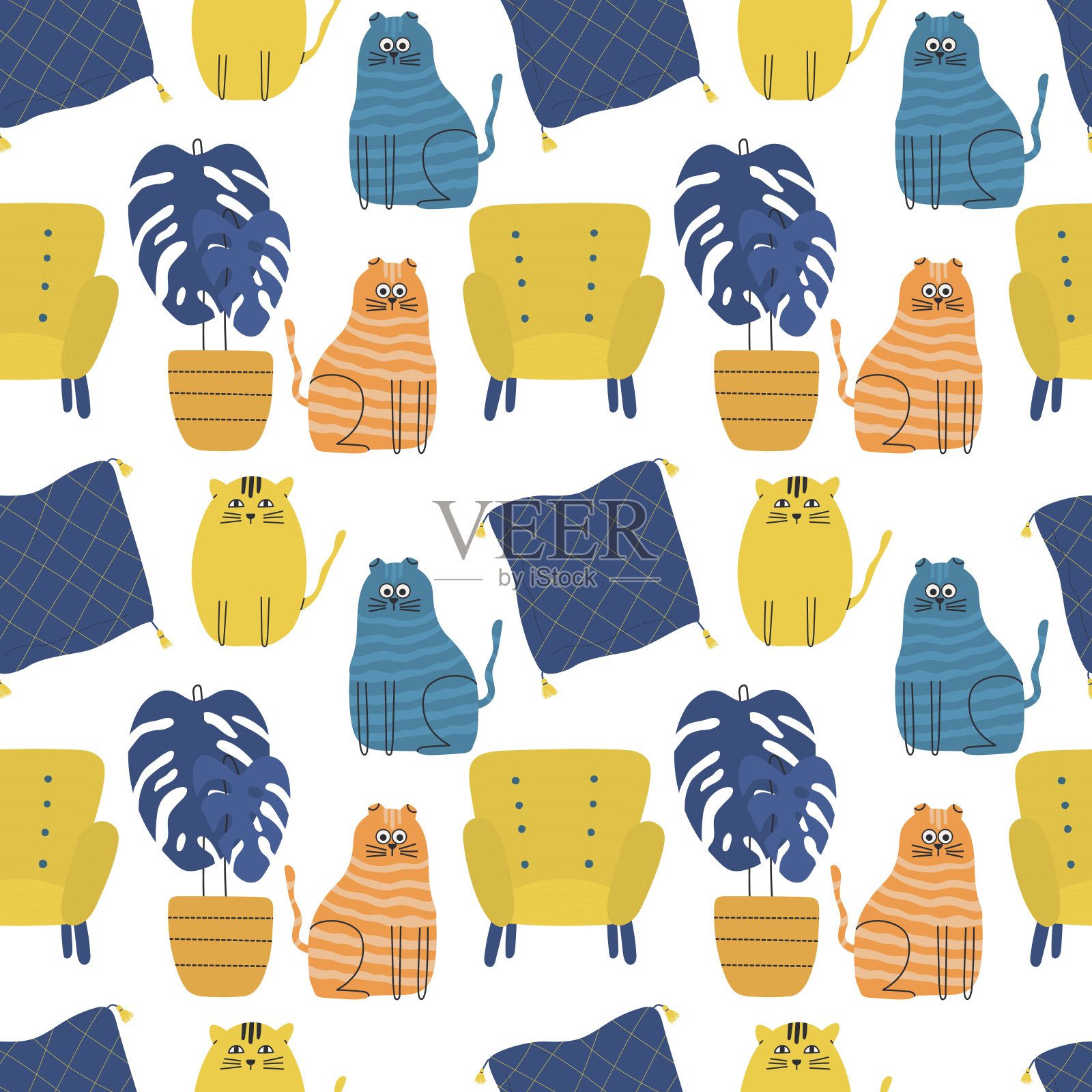 室内有可爱的猫插画图片素材