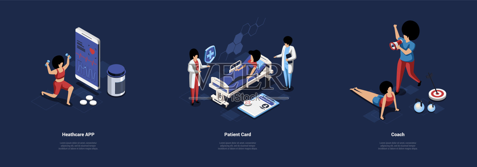 三个独立的组成，运动和保健概念。矢量插图在卡通3D风格。培训手机应用、病人个人医疗卡、私人健身教练的等距艺术插画图片素材