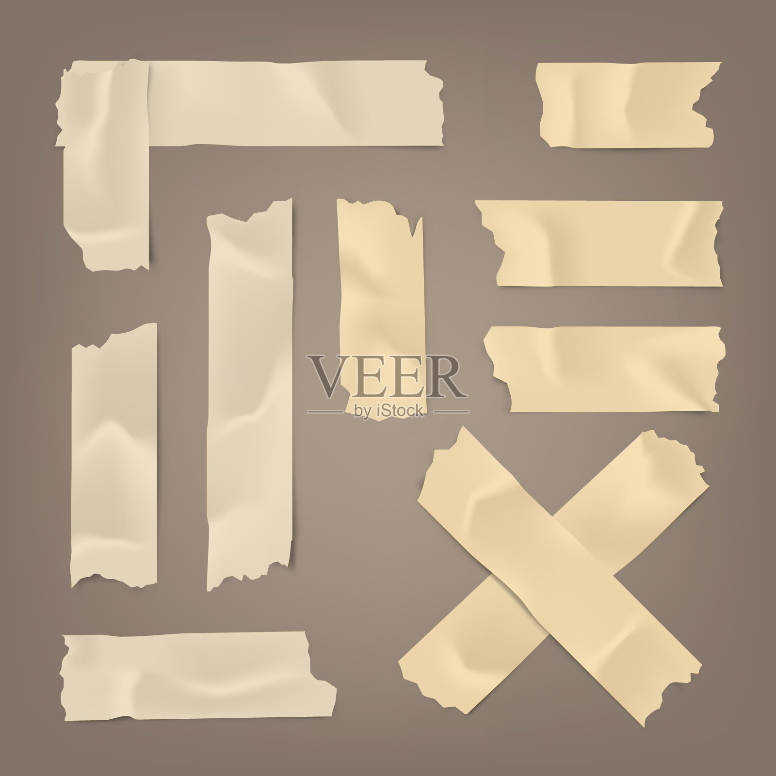 逼真的胶带套。黏稠的苏格兰纸，棕色的背景纸。矢量图插画图片素材