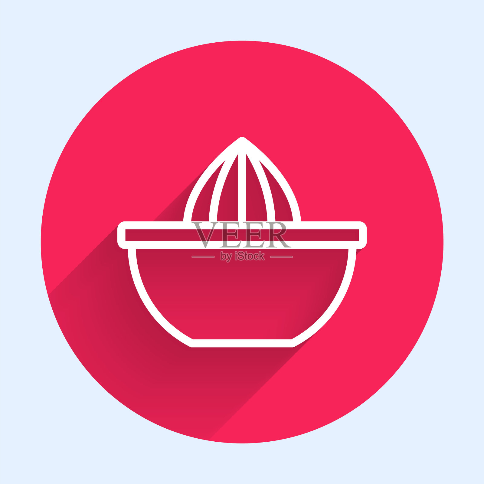 白线柑橘类水果榨汁机图标孤立与长阴影。红色圆圈按钮。向量插画图片素材