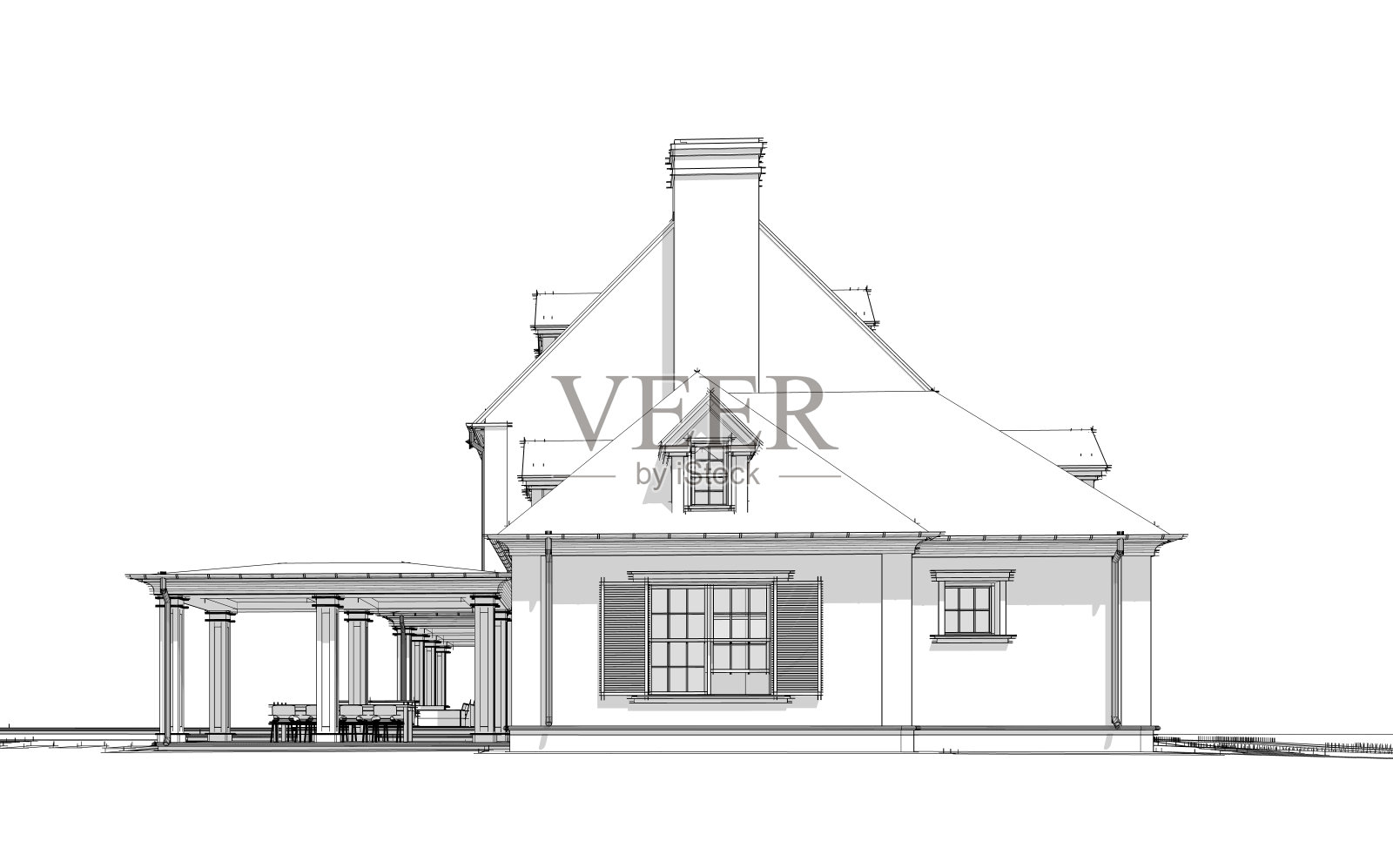 白色背景上殖民风格黑色线条的现代经典房屋3D渲染照片摄影图片