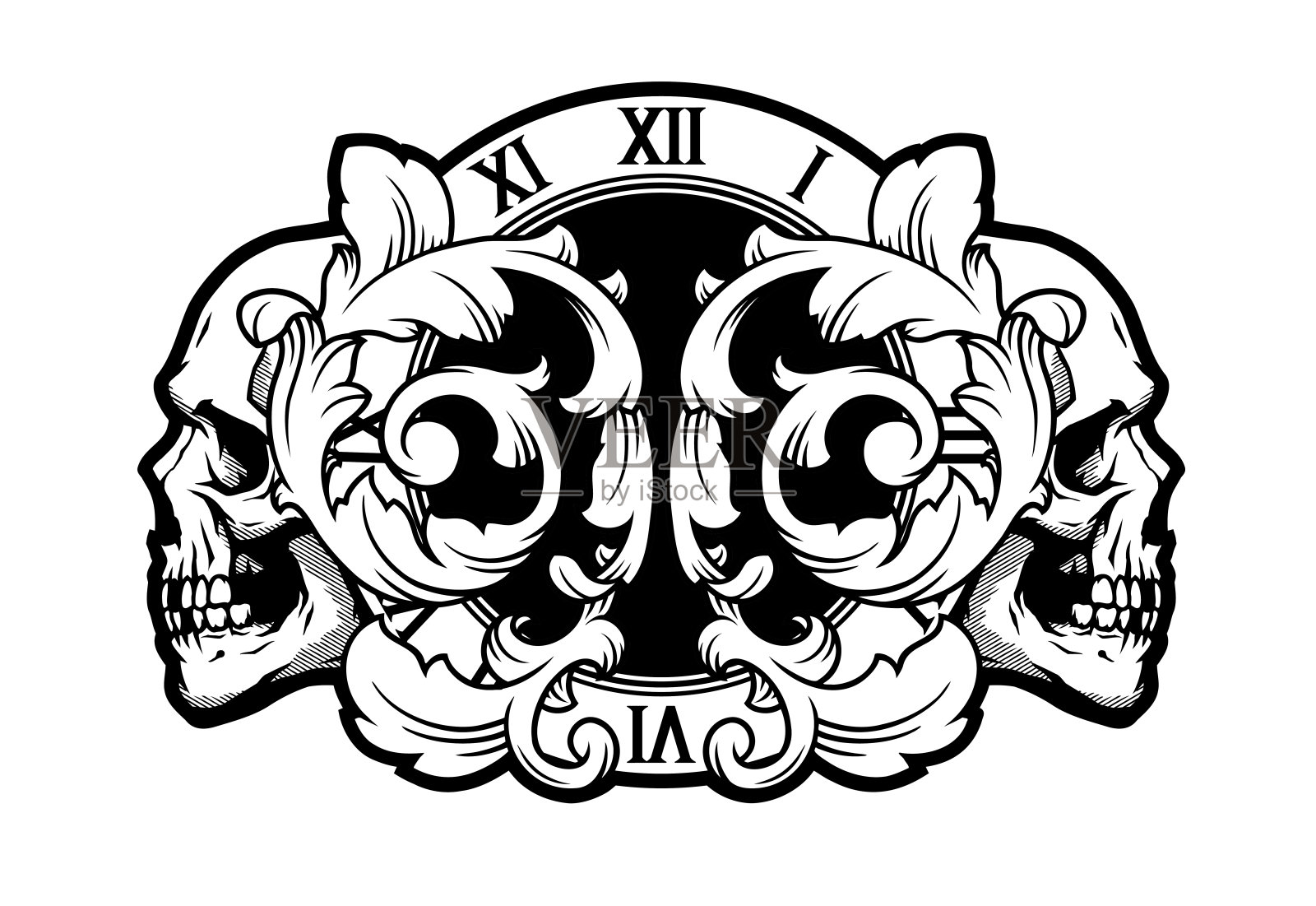 头骨，时钟和树叶图案。的插图。插画图片素材