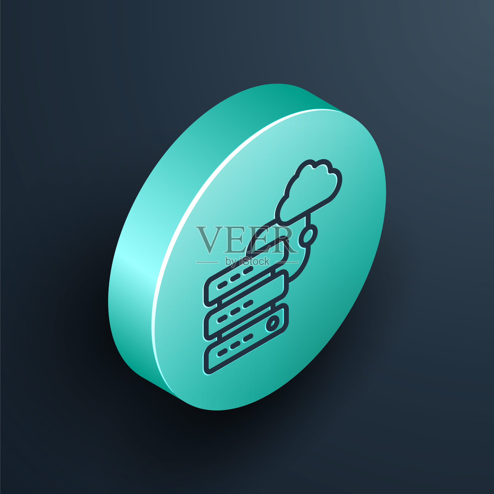 等距线网络云连接图标隔离在黑色背景上。社会技术。云计算概念。绿松石圆形纽扣。向量图标素材