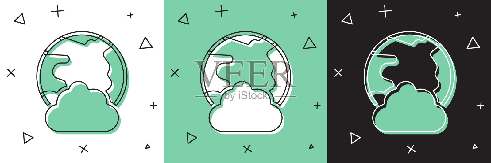 设置全球技术或社交网络图标隔离在白色和绿色，黑色背景。向量插画图片素材