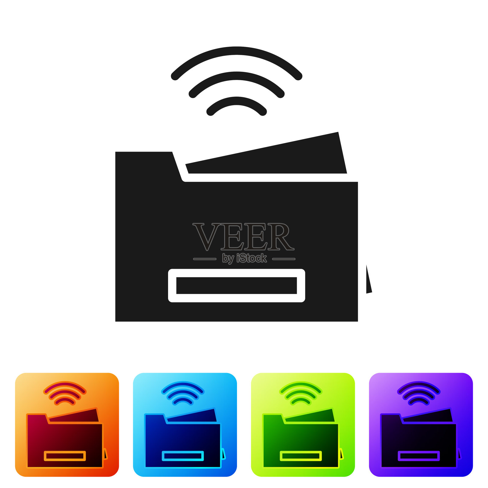 黑色智能打印机系统图标隔离在白色上插画图片素材