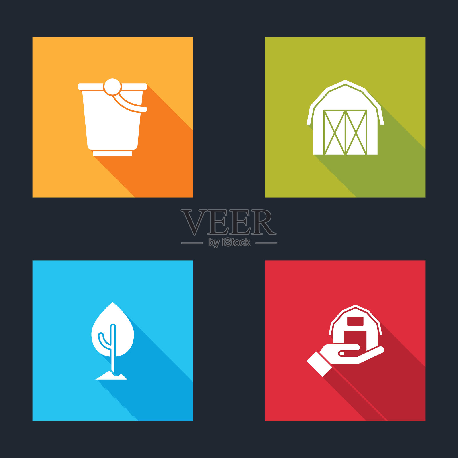 设置桶，农舍，树和手的图标。向量图标素材