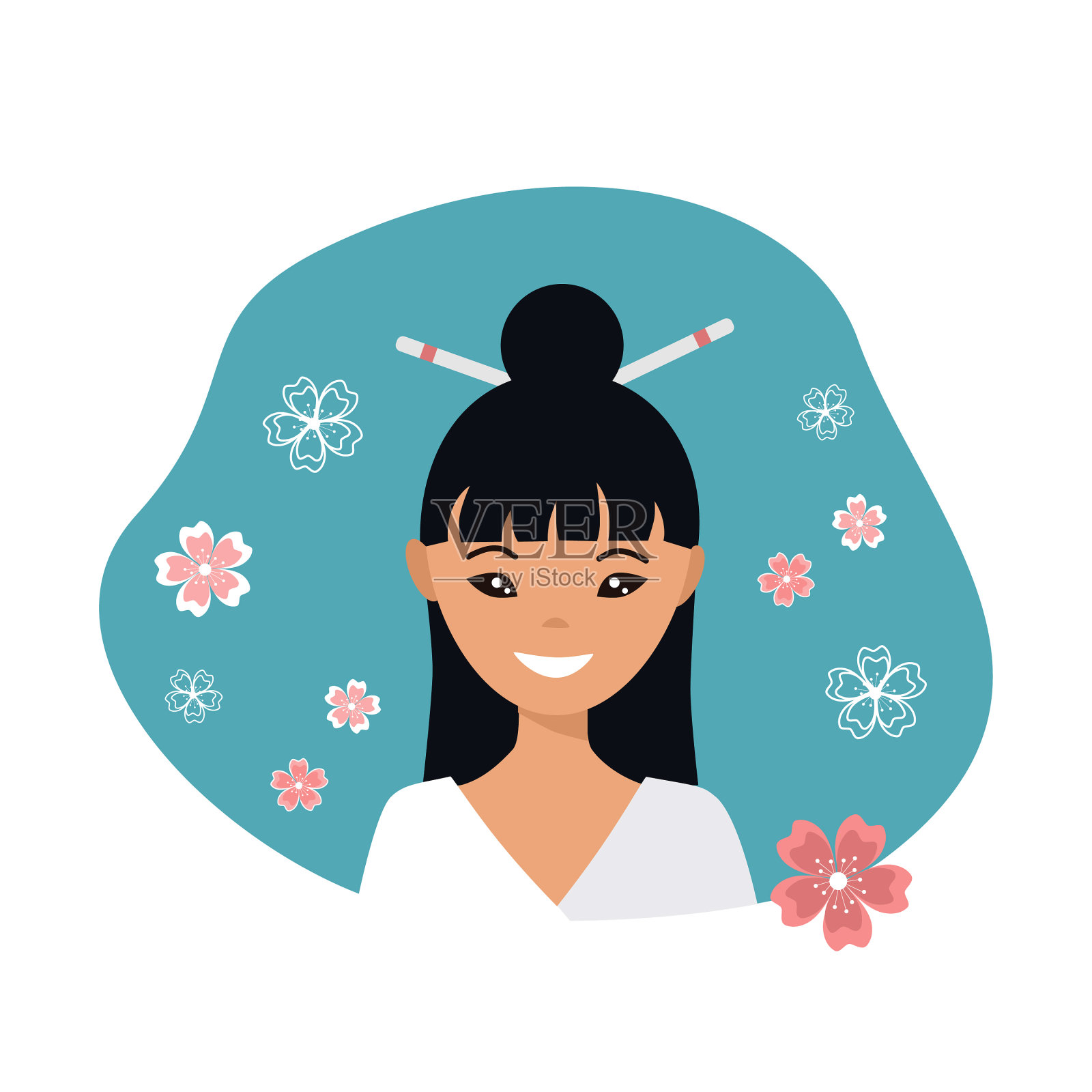 可爱的年轻日本女人在平面风格插画图片素材