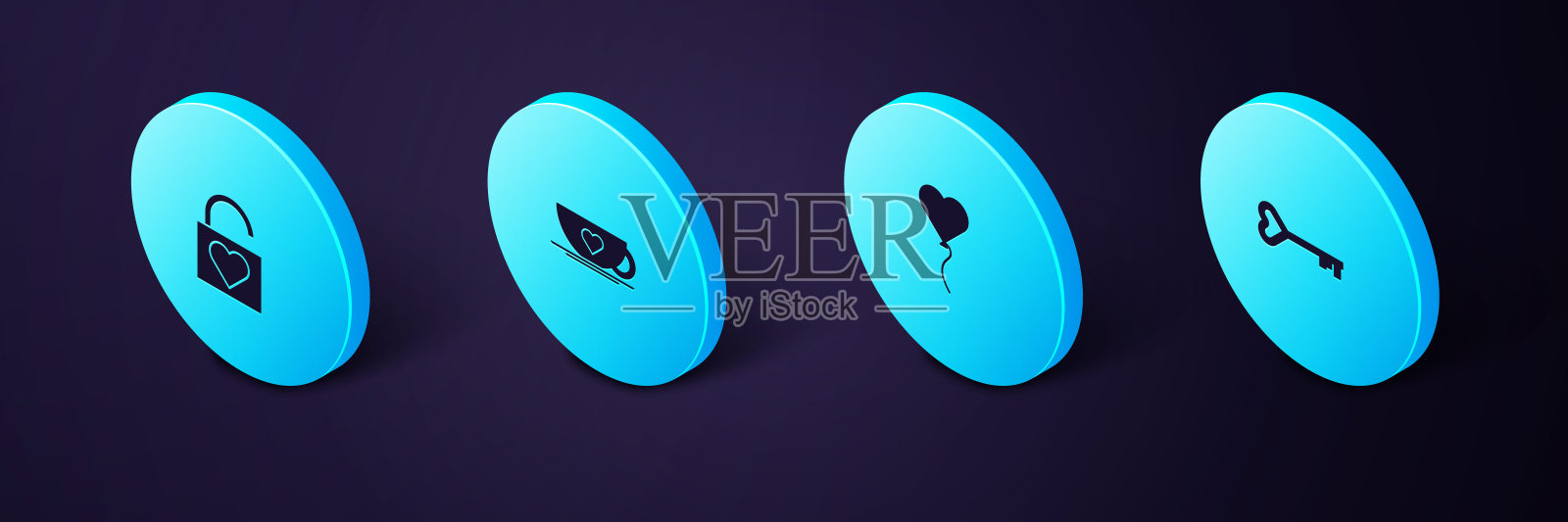 设置等距钥匙心形，气球形式，咖啡杯和和锁图标。向量图标素材