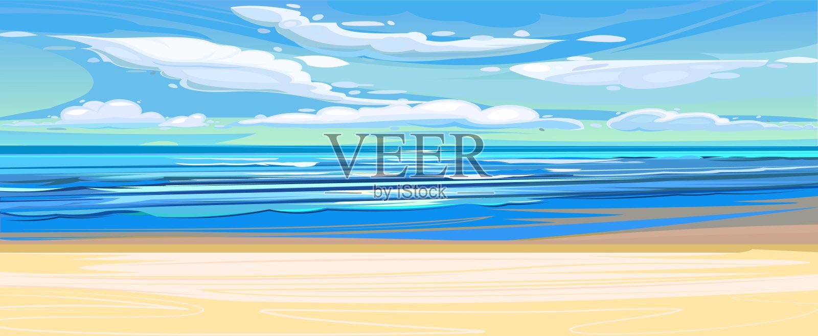 海的海岸景观。平面插画风格。海边的沙滩，夏日的天空和遥远的地平线。向量插画图片素材