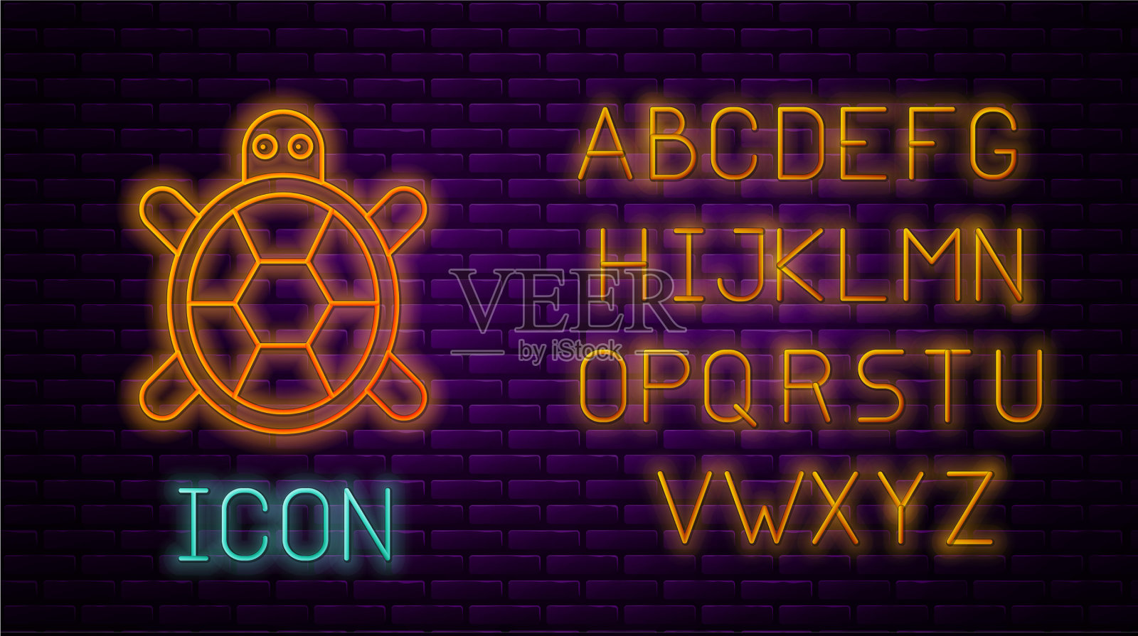 发光的霓虹灯线乌龟图标孤立在砖块上插画图片素材