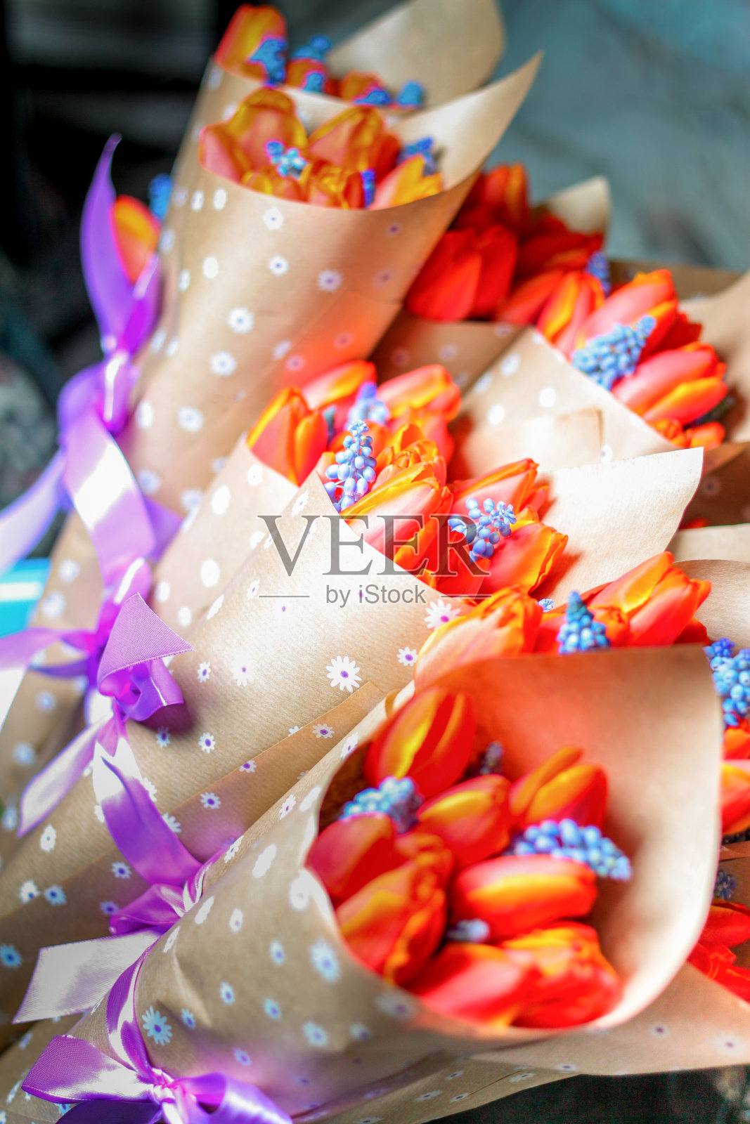 俯视图美丽的橙色郁金香花在包装纸与丝带照片摄影图片