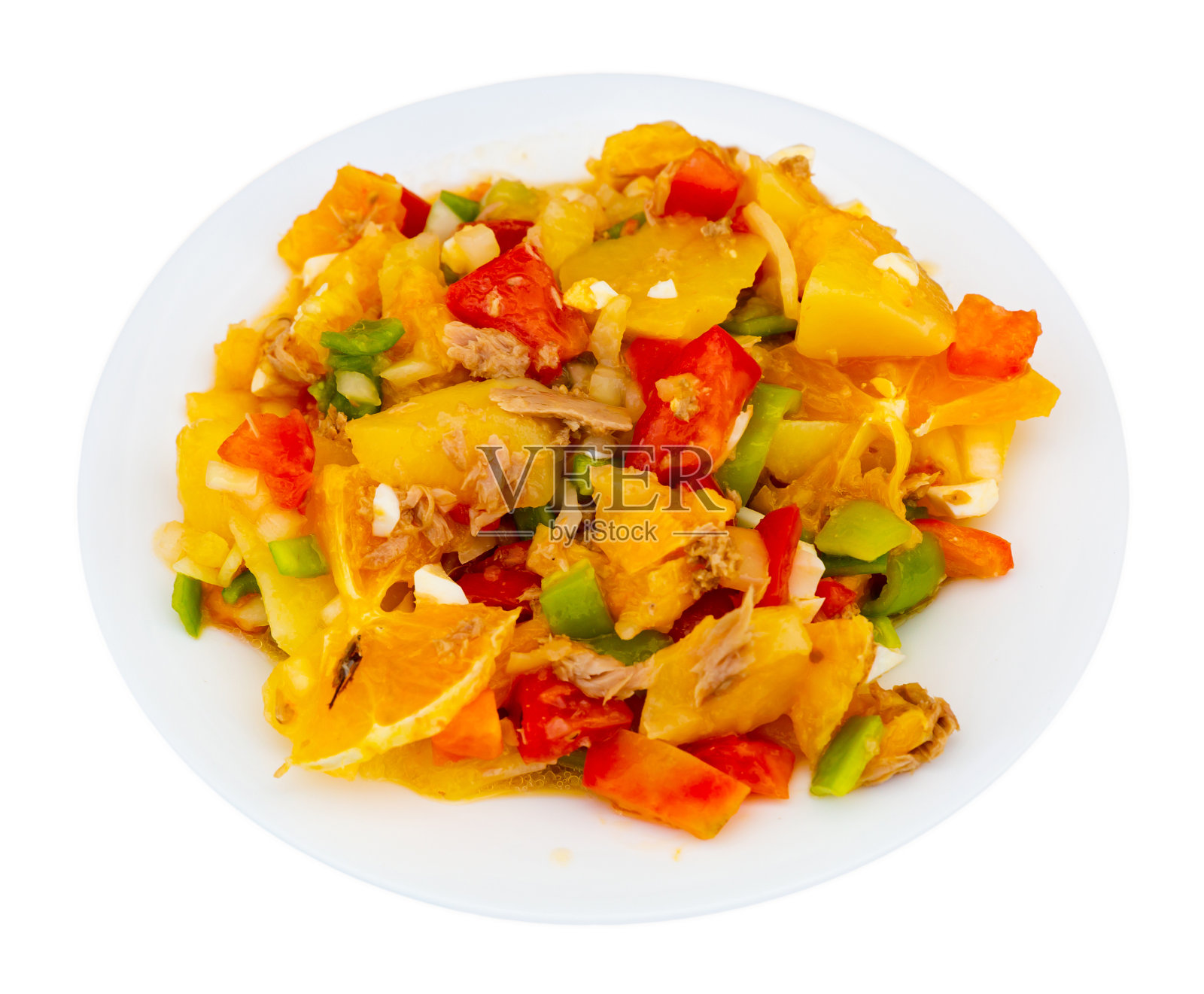 传统的马拉加沙拉，由鳕鱼和土豆制成的午餐照片摄影图片