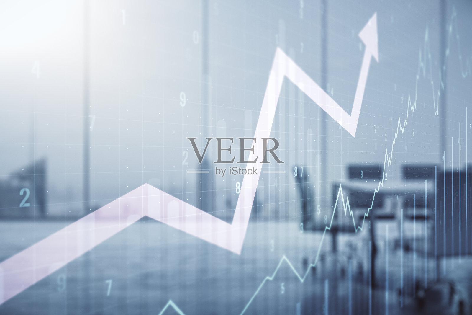 双重曝光的抽象创意财务图表和向上的箭头插图在现代会议室的背景，研究和战略概念照片摄影图片