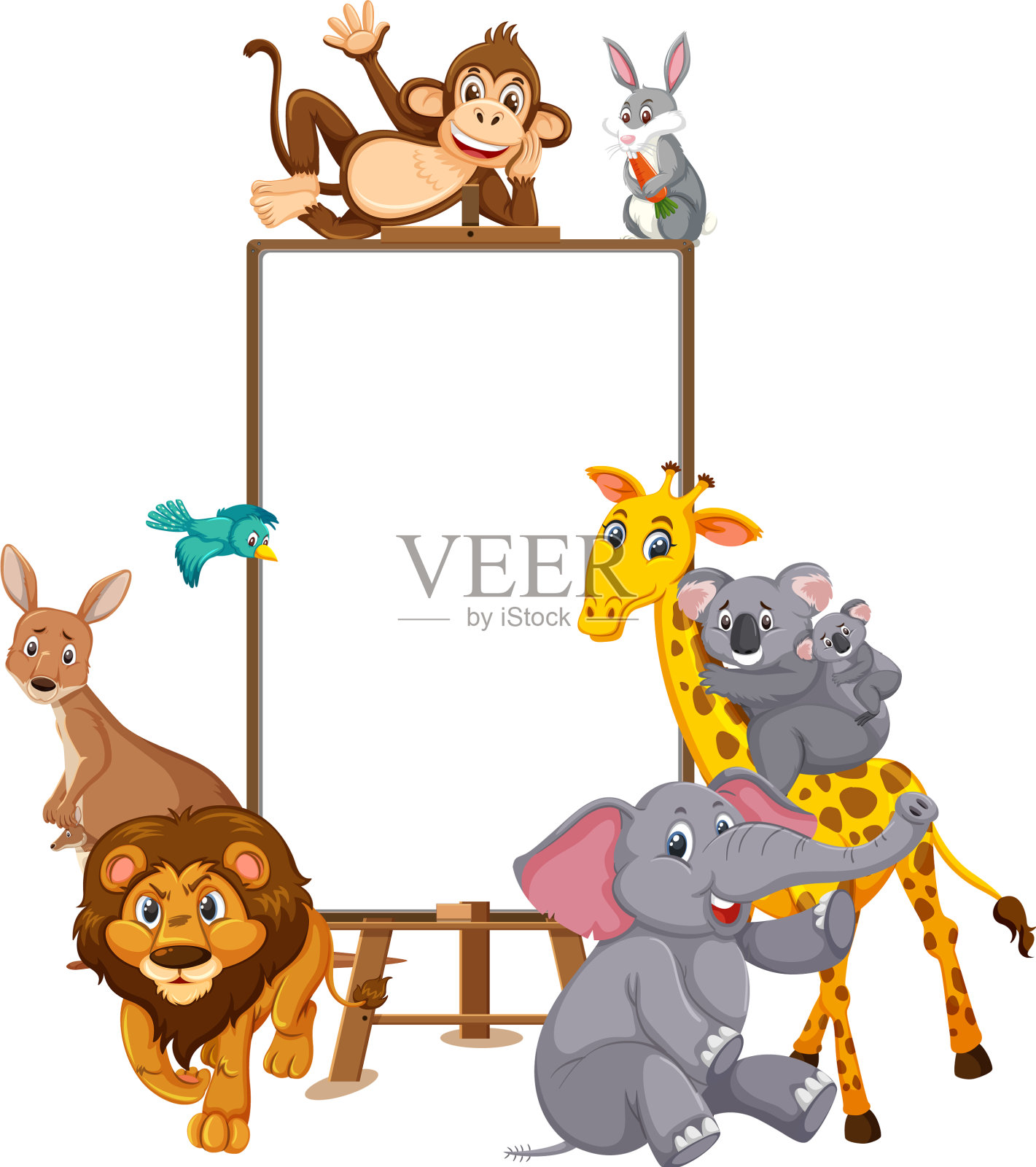 野生动物卡通人物和空白横幅设计元素图片