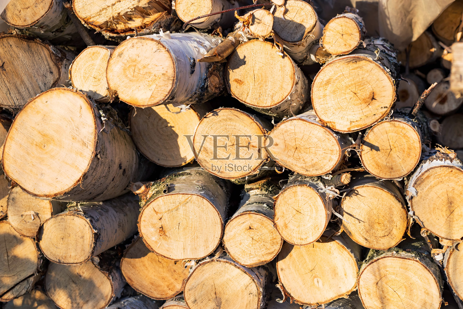 一堆桦木木柴。准备过冬的柴火。照片摄影图片