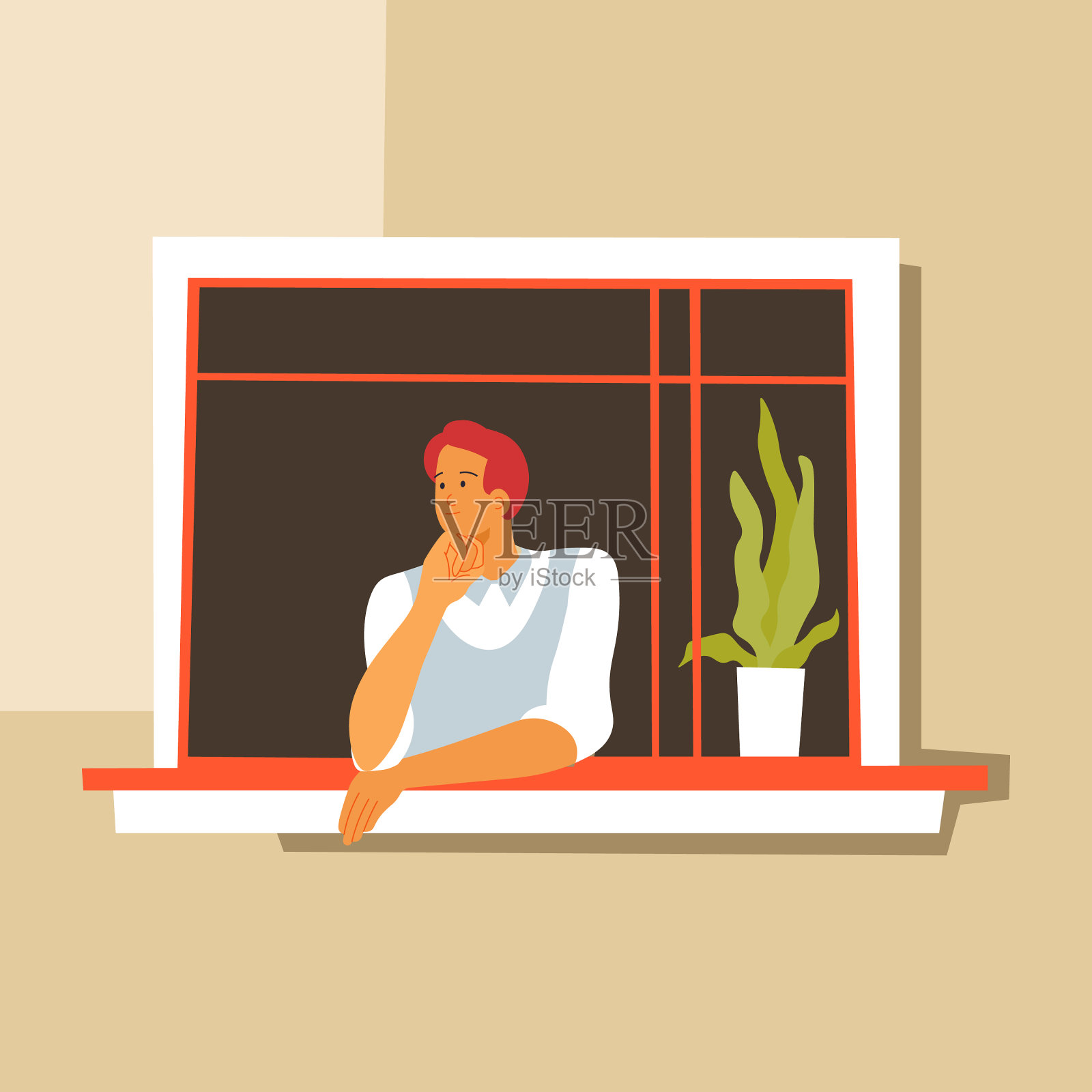 沉思的人望着窗外，沉思着插画图片素材