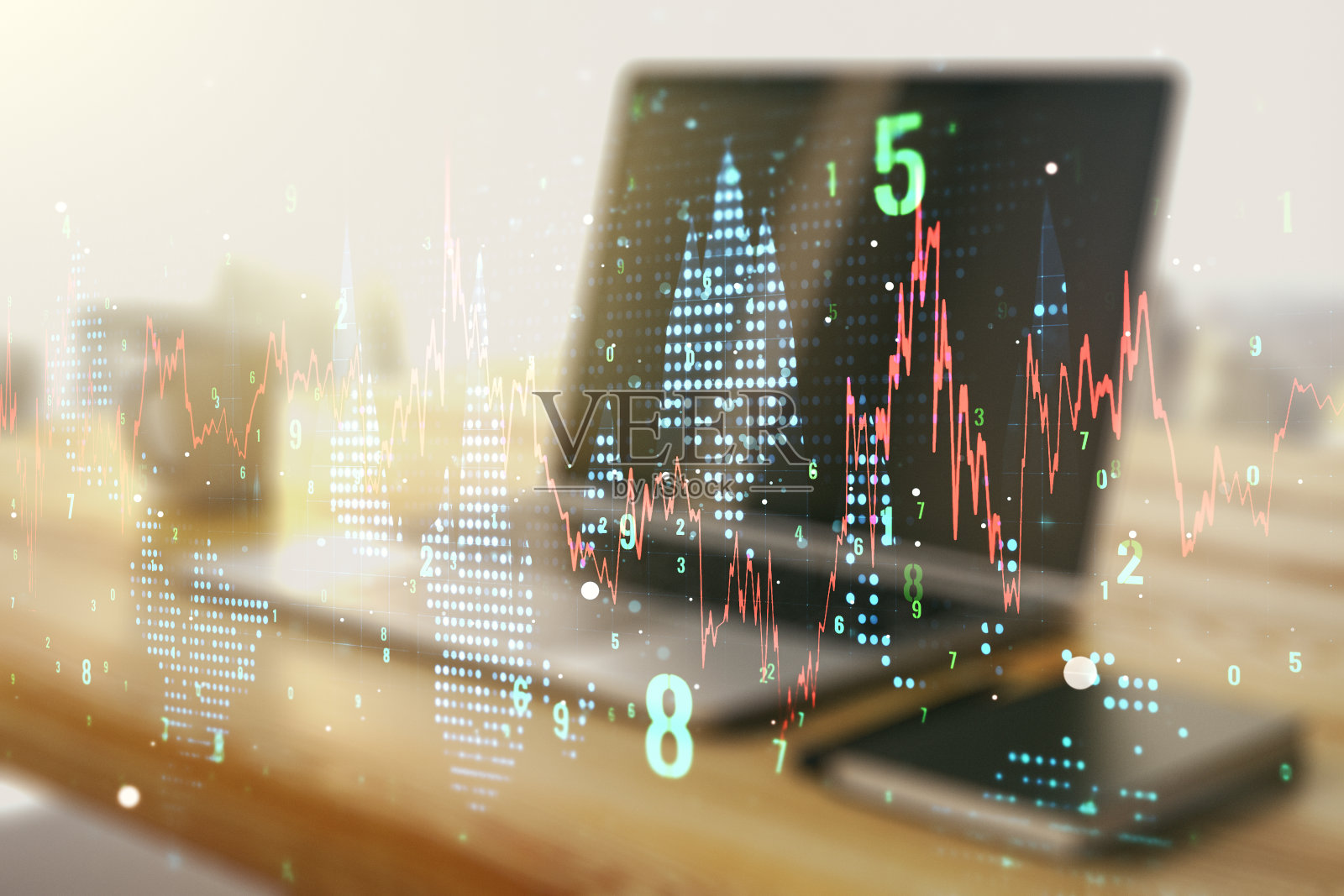 抽象创意的金融图形和现代桌面电脑为背景，金融和交易的概念。Multiexposure照片摄影图片