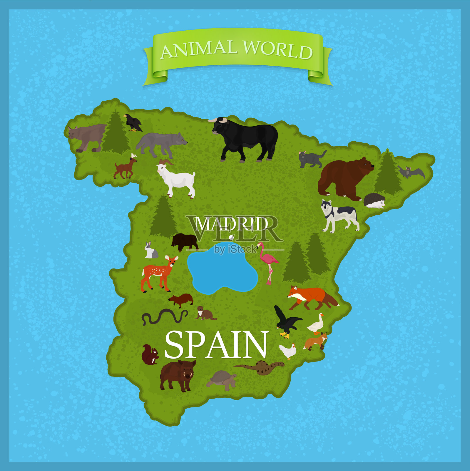 用动物和树木绘制西班牙地图插画图片素材