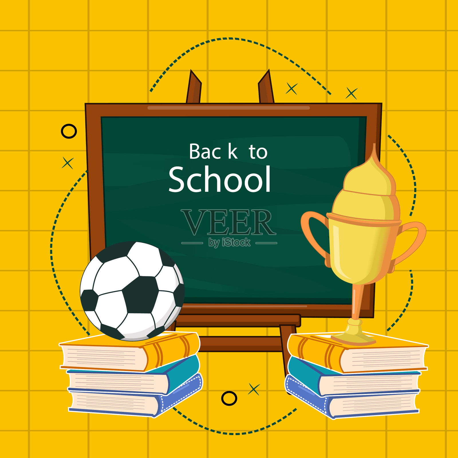 带着黑色的黑板、书本、杯子和球回到学校插画图片素材