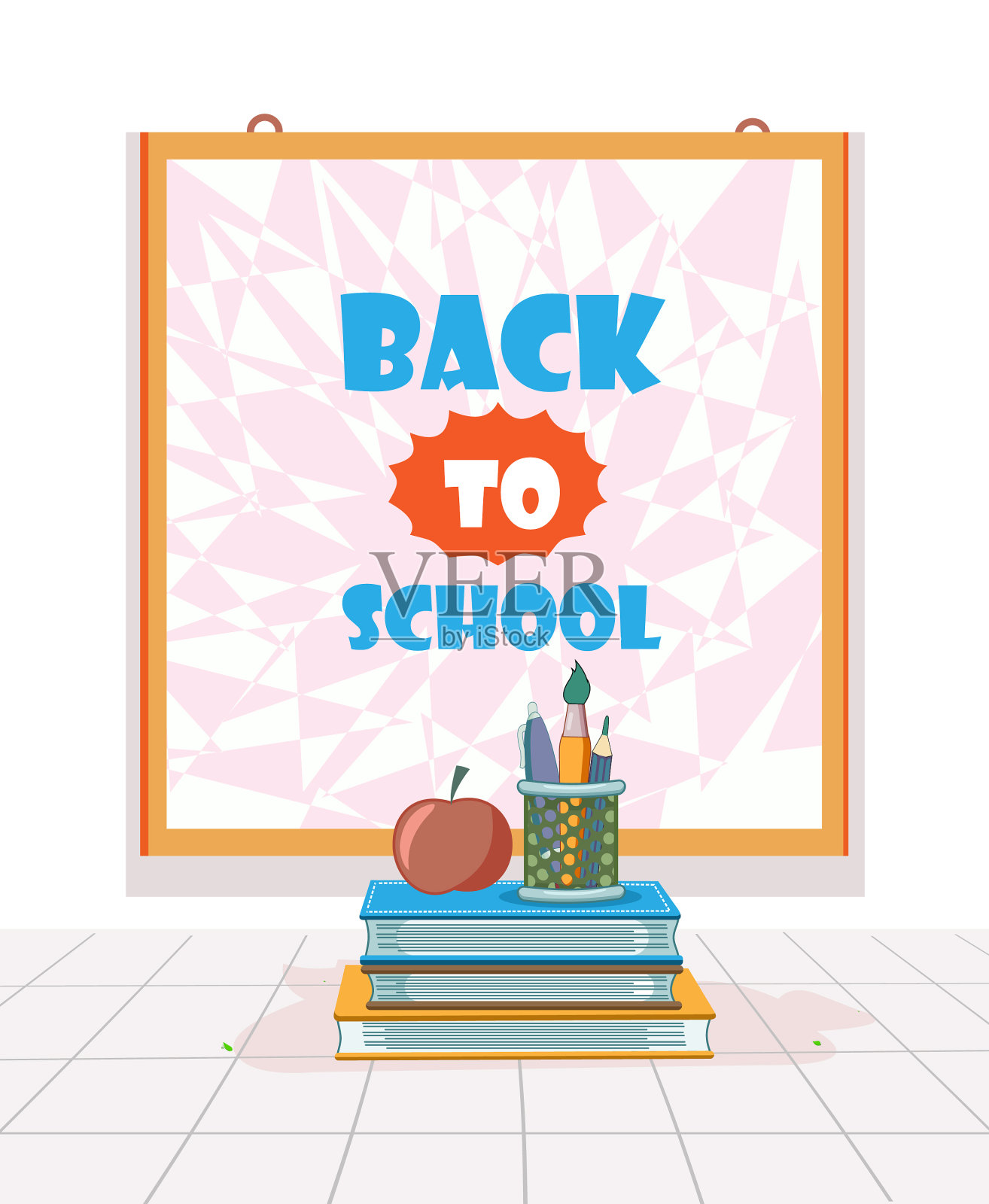 回到学校，用黑板、书、铅笔、笔插画图片素材