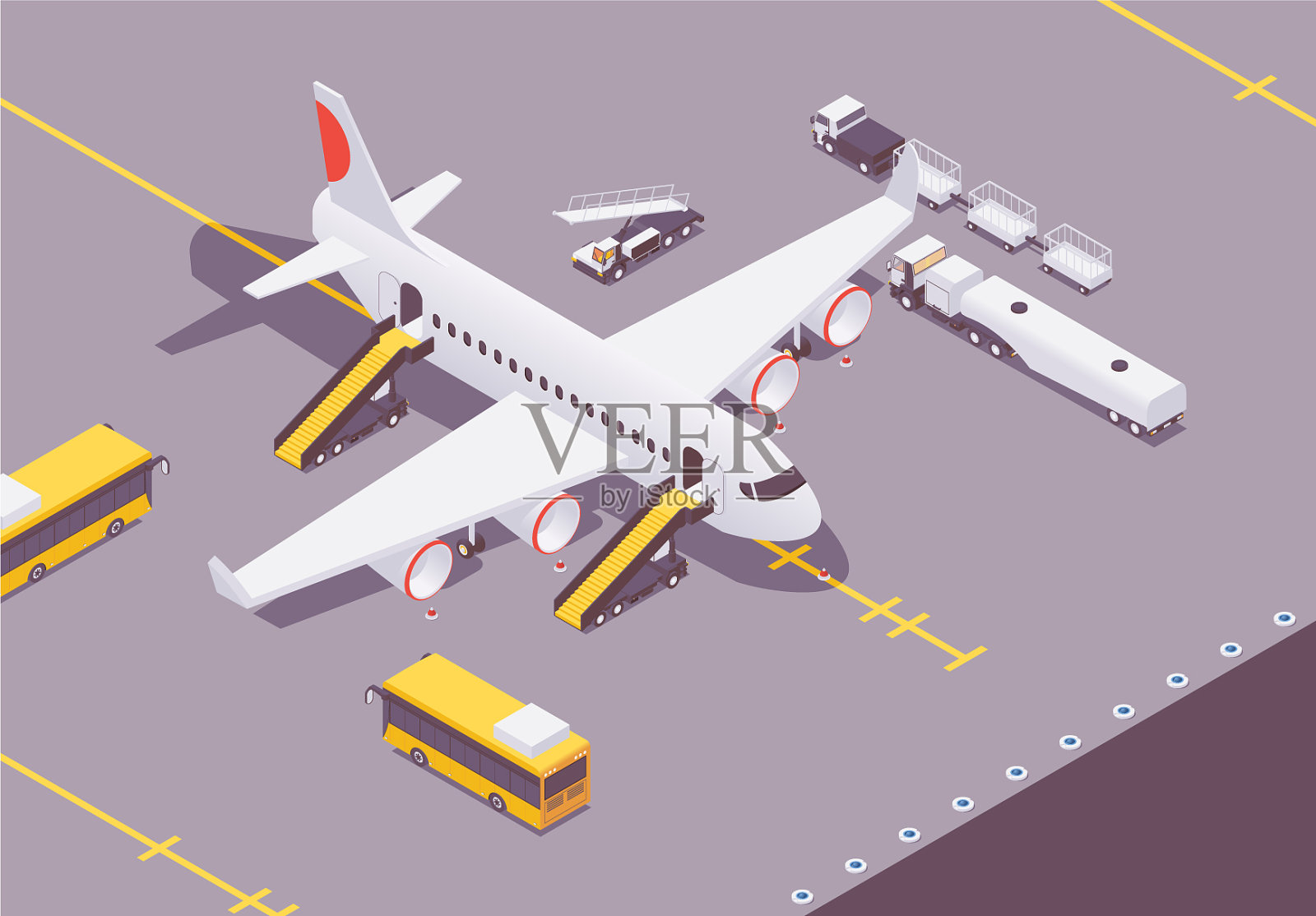 着陆后机场的等距平面插画图片素材