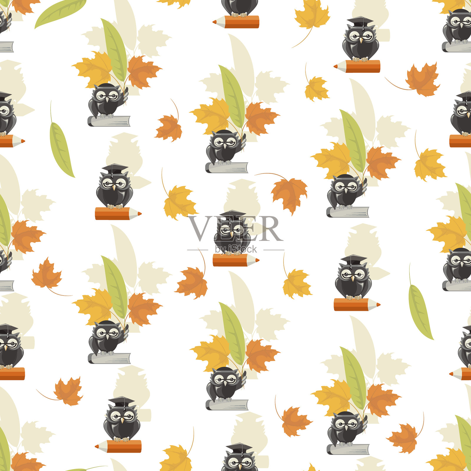 聪明的猫头鹰秋叶书和铅笔无缝插画图片素材