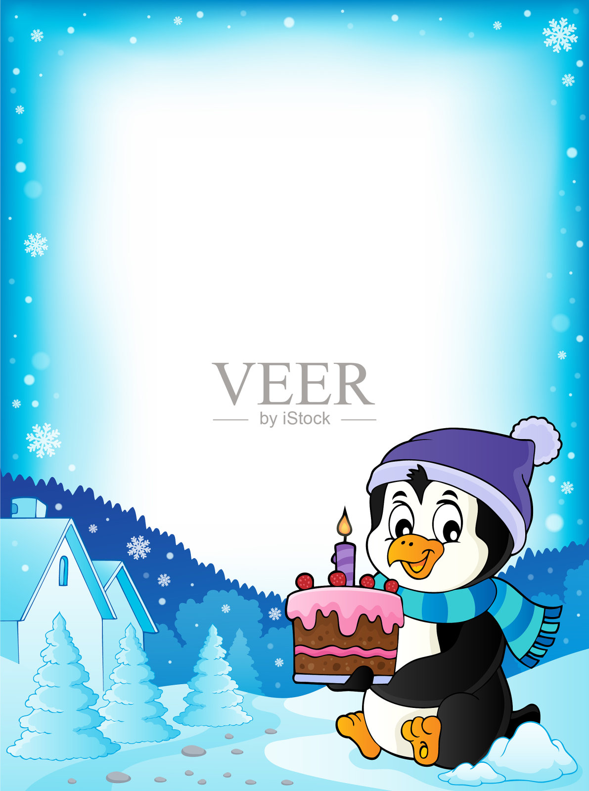 企鹅抱蛋糕主题框1插画图片素材