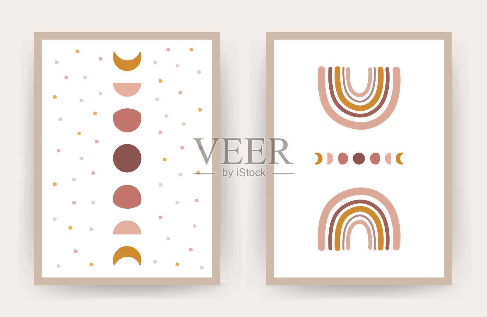 带有抽象彩虹和月亮的海报。斯堪的纳维亚风格的墙纸和家居装饰。当代几何背景。插画图片素材