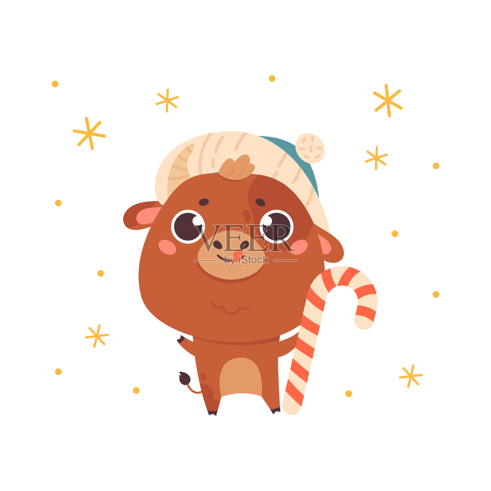 可爱的卡通牛与节日糖果。新年快乐插画图片素材