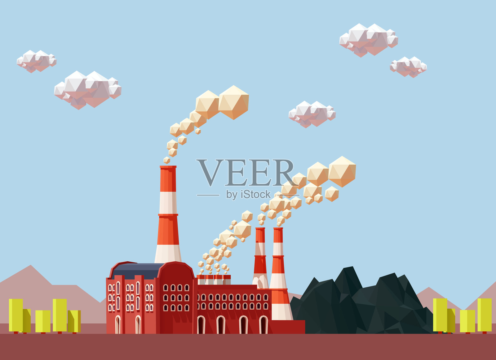 矢量平面工业厂房用管道和煤。工厂或工厂建筑图标插画图片素材