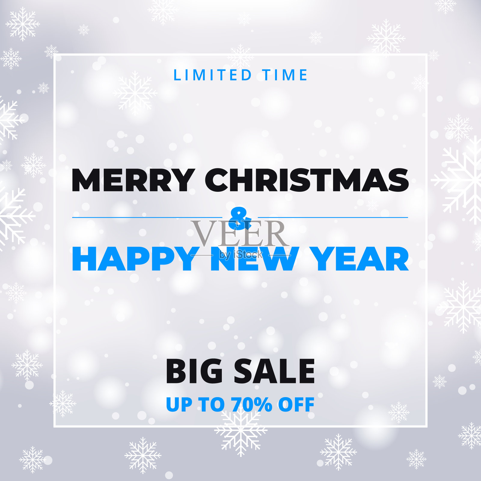 2021年新年快乐&圣诞快乐促销横幅模板。雪花在一个白色的冬季圣诞矢量背景。闪亮的雪和雪花为散景节日背景。设计模板素材