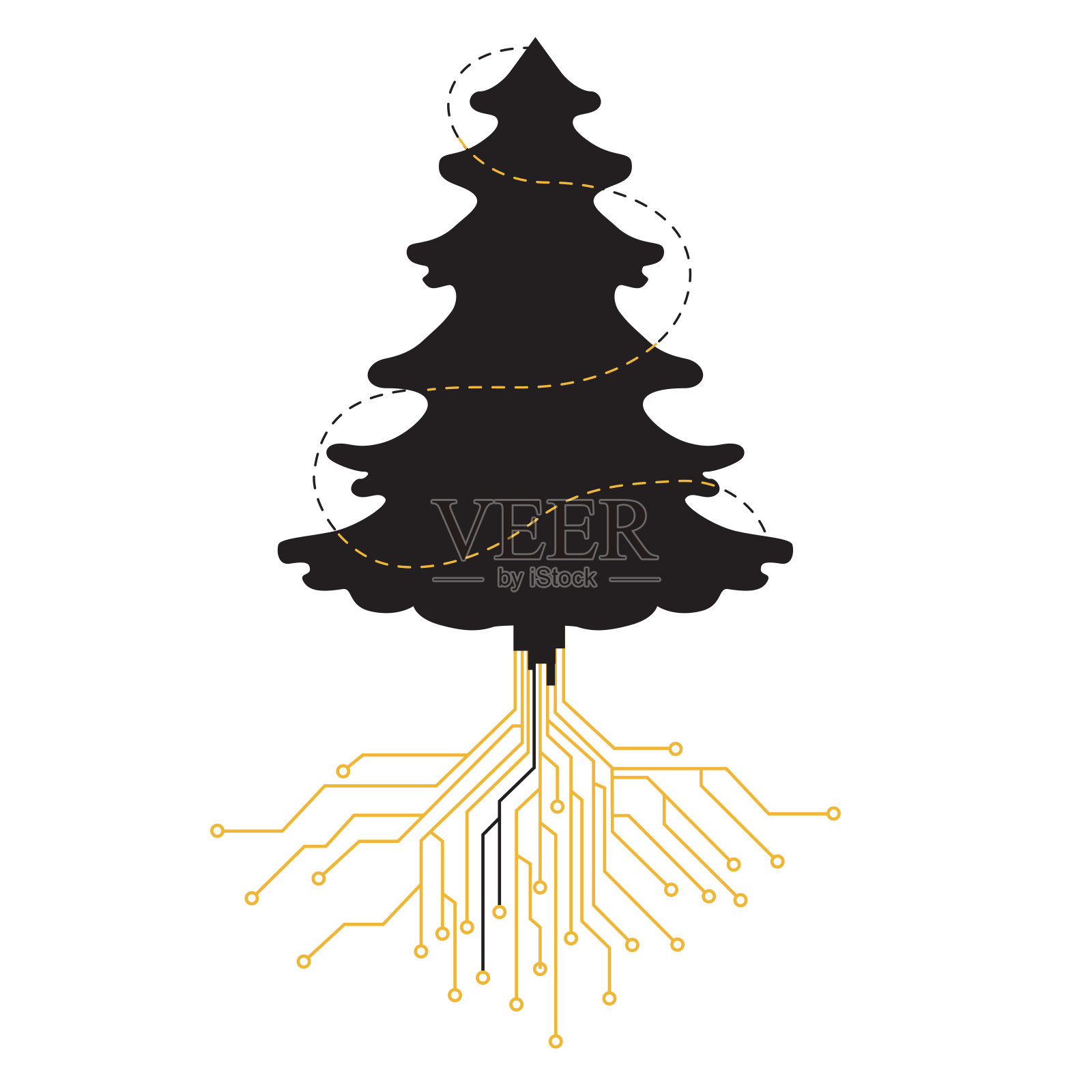 数字圣诞树与根从电脑板，插图，新年卡片，横幅，邮件，为IT领域，节日为web开发者插画图片素材