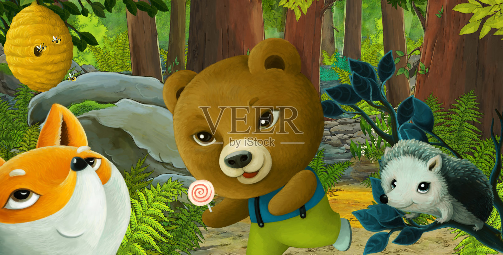 卡通场景与友好的动物在森林-插图插画图片素材