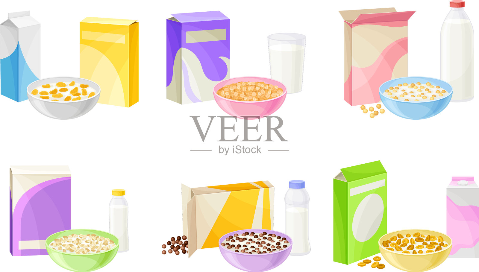 用碗盛牛奶和酸奶的早餐麦片插画图片素材