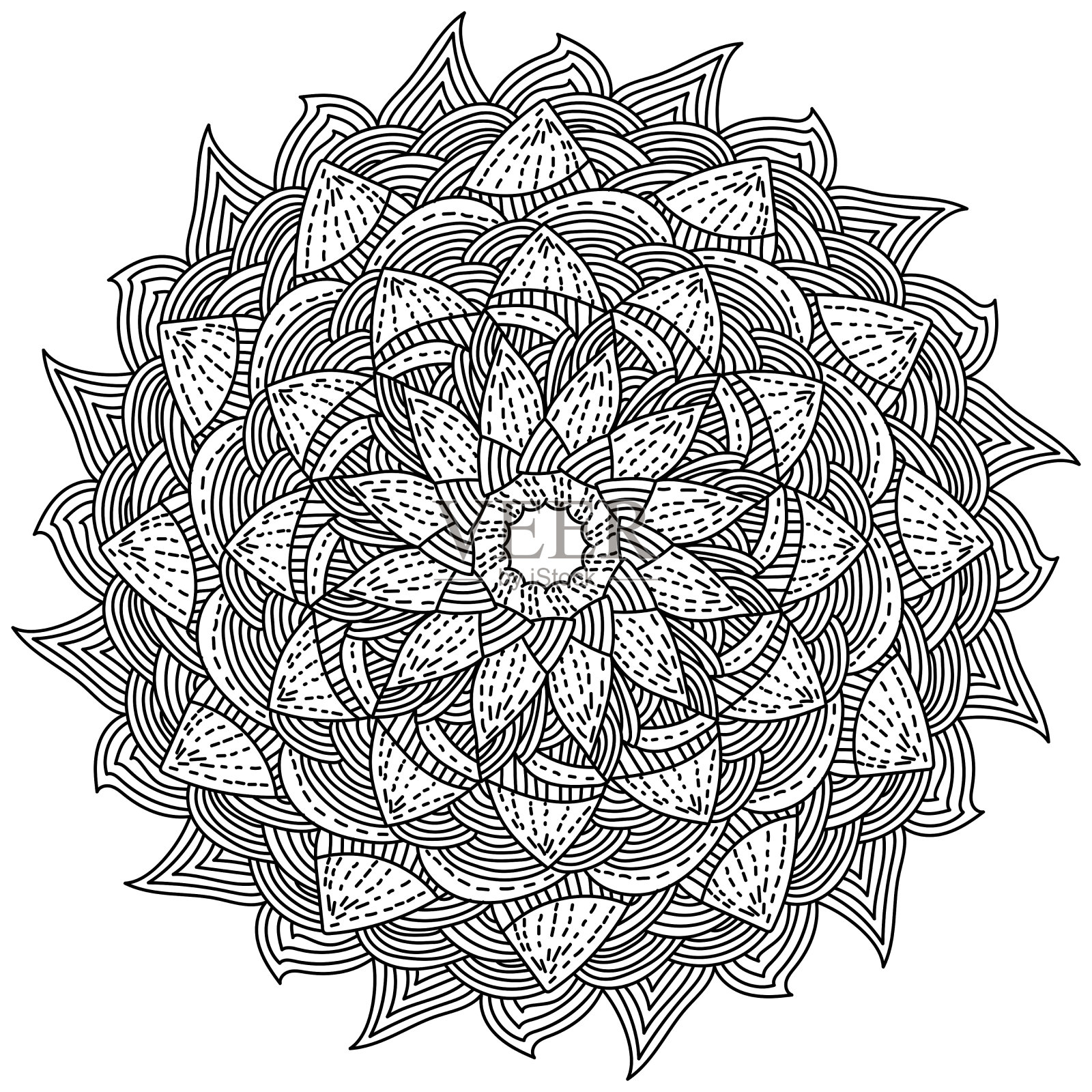 幻想禅宗曼陀罗与阴影条纹花瓣，华丽的抗压力着色页涂鸦卷曲和缠结插画图片素材