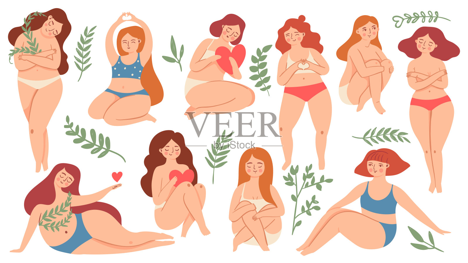 身体积极的。快乐加尺寸的漂亮女人在泳衣和内衣抱着心和拥抱膝盖。女性自我关爱向量集插画图片素材