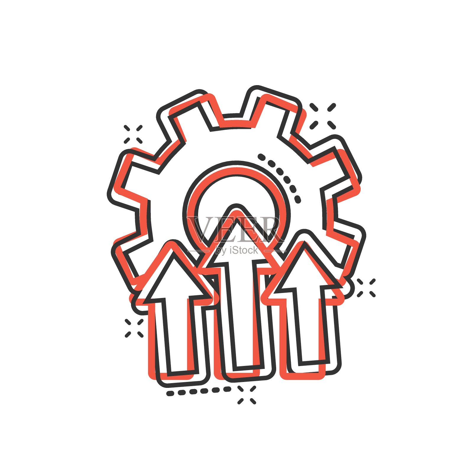 漫画风格的改进图标。齿轮项目卡通矢量插图在白色孤立的背景。生产力飞溅效应经营理念。图标素材