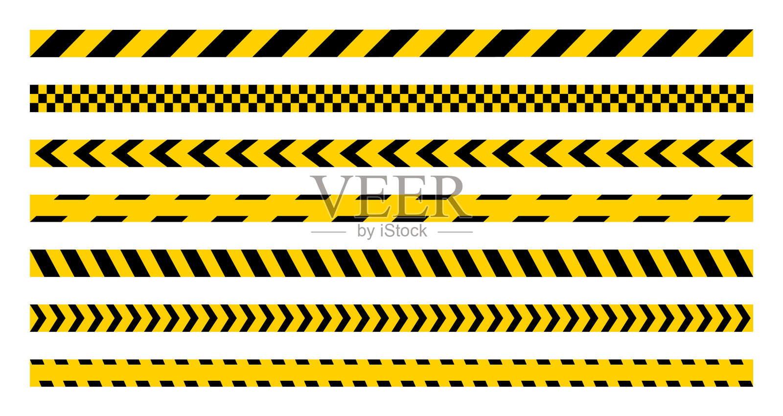 黄色警告带设置。条纹边界。危险，警告，警戒线。无缝的丝带街垒。插画图片素材