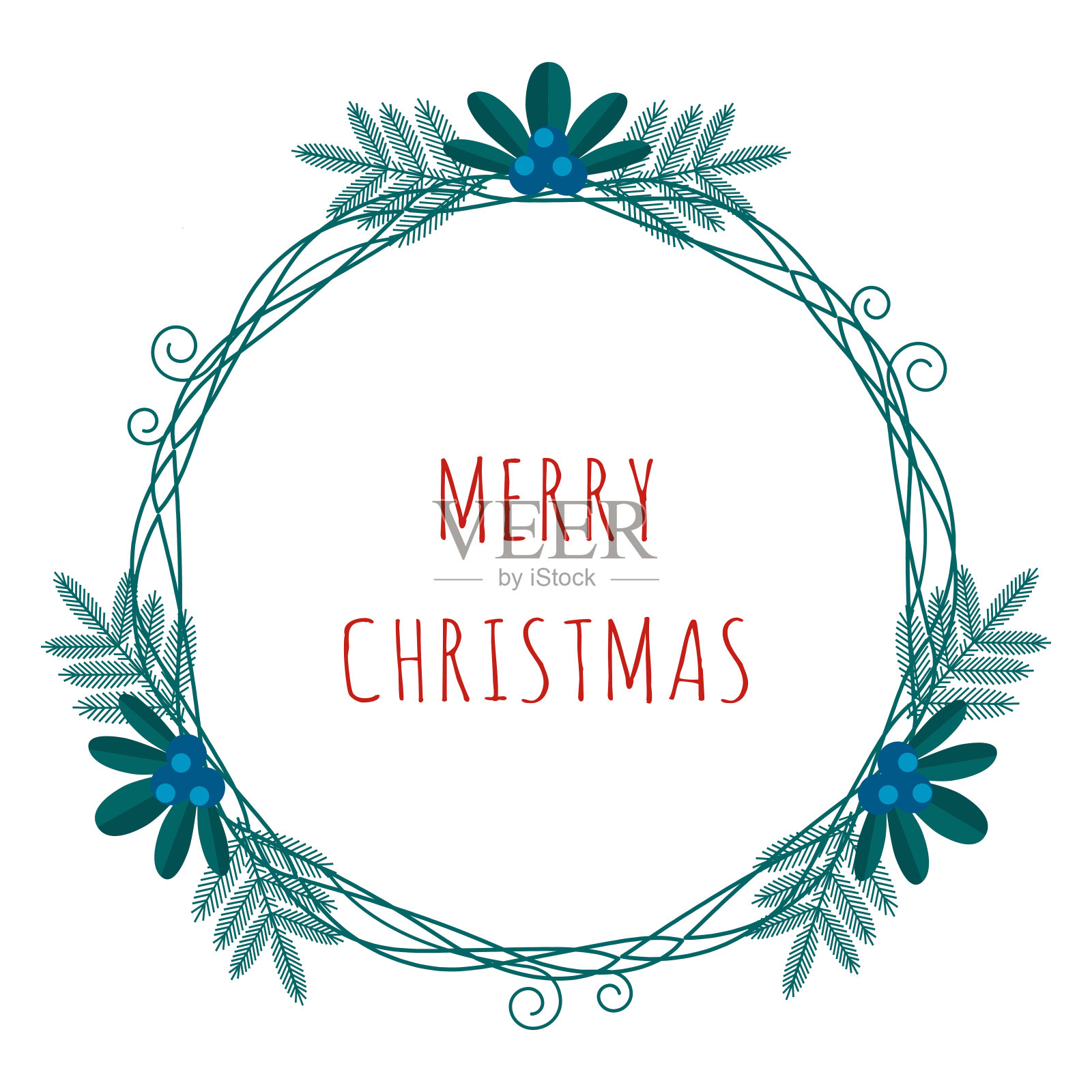 圣诞贺卡与冬季植物框架在现代扁平风格。Stock vector插图与植物符号的节日-松树，圆锥体，树枝，浆果在红色，绿色的颜色。设计元素图片