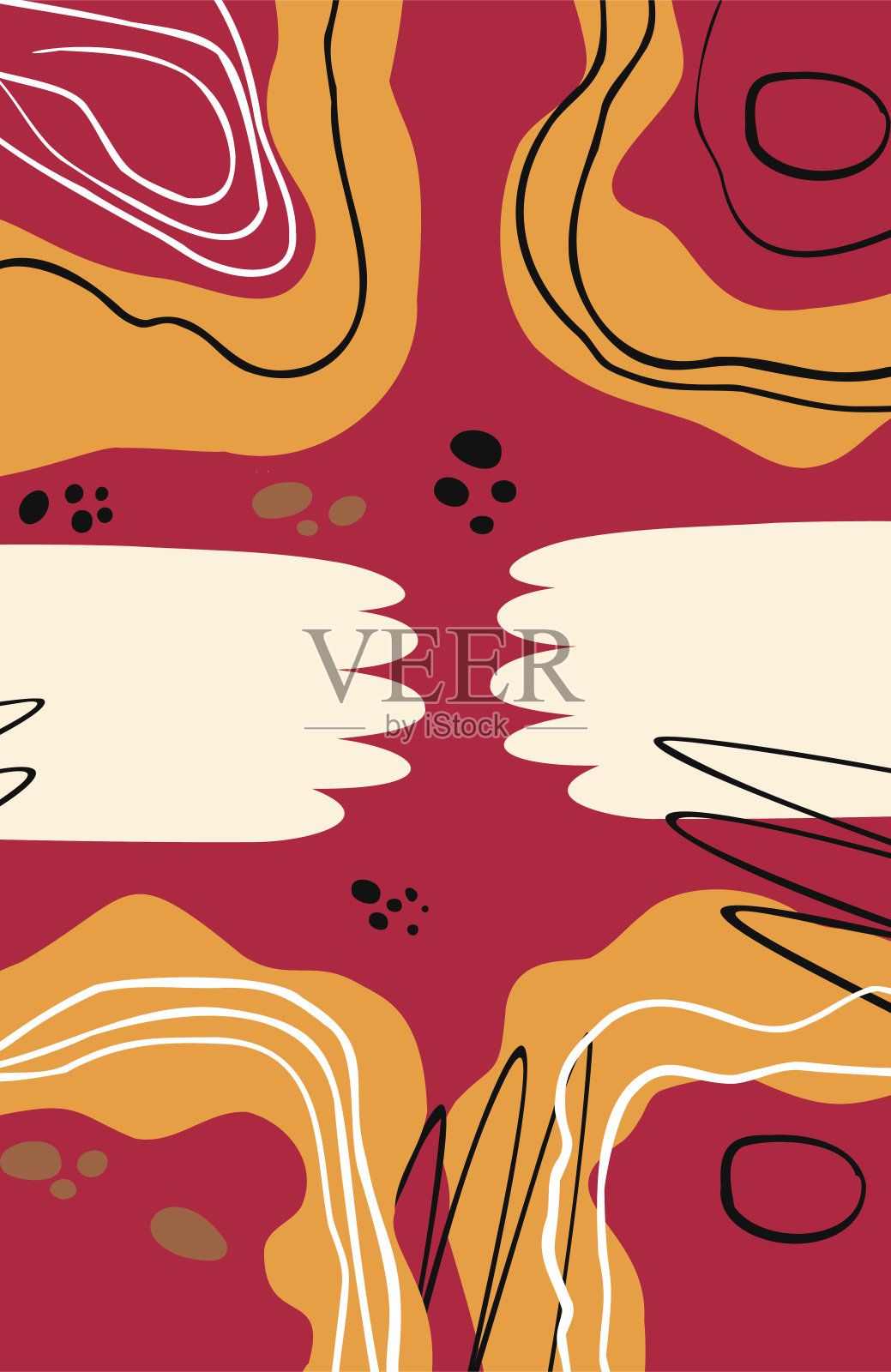 向量抽象插图。海报是双手在中间。具有不同线条和形状的时尚创意拼贴画。现代平面设计。一件不寻常的艺术品。向量。孤立的插画图片素材