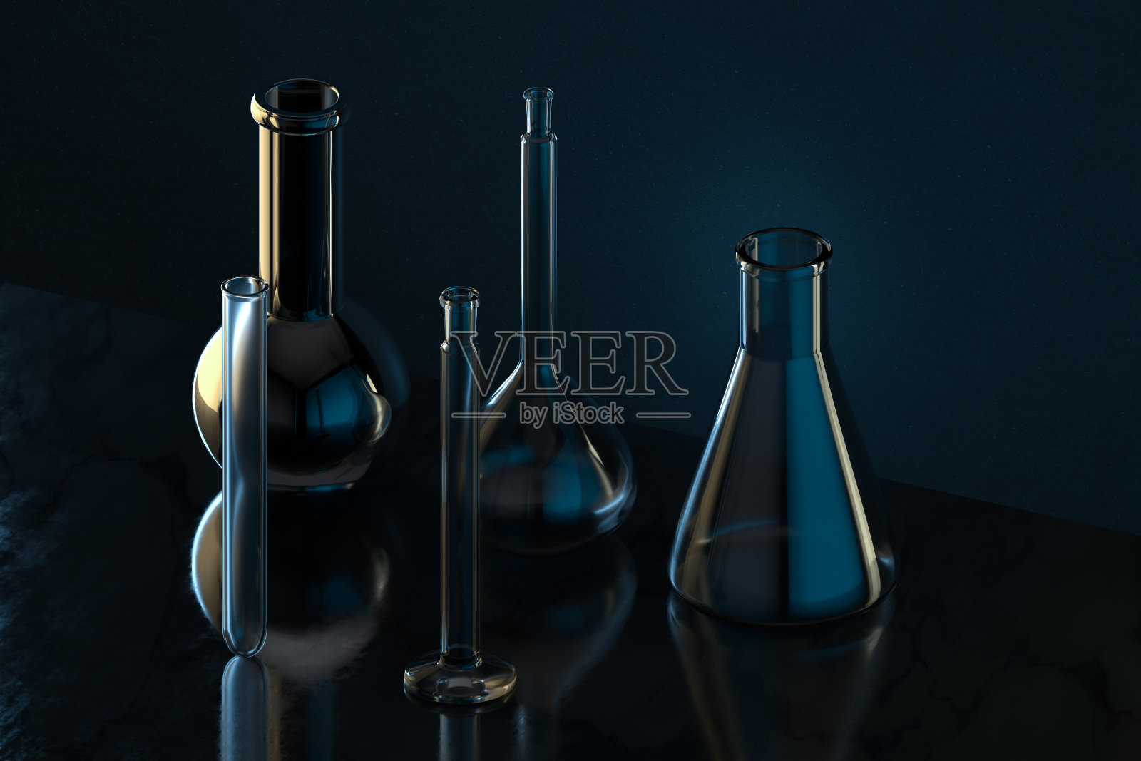 深色背景的化学玻璃器皿，3d渲染。照片摄影图片