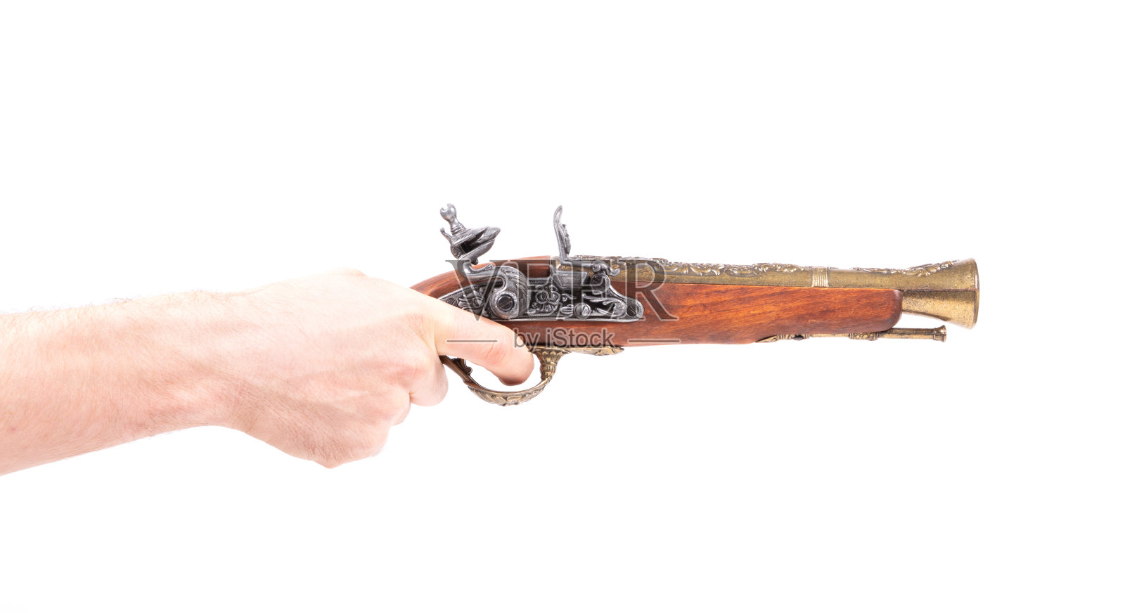 白色背景上孤立的老式木枪照片摄影图片