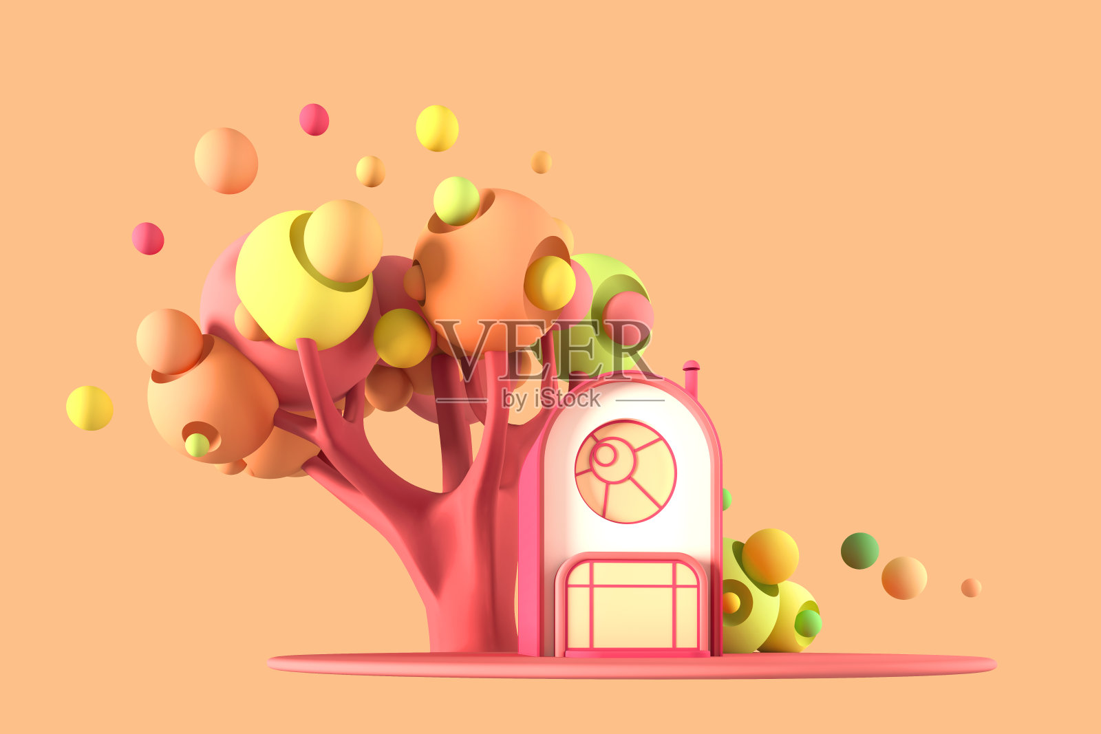 抽象的卡通童话般的小舒适的家在柔和的秋天颜色的背景下，梦幻般的植物，树木和草的空间是孤立的复制。三维演示插画图片素材